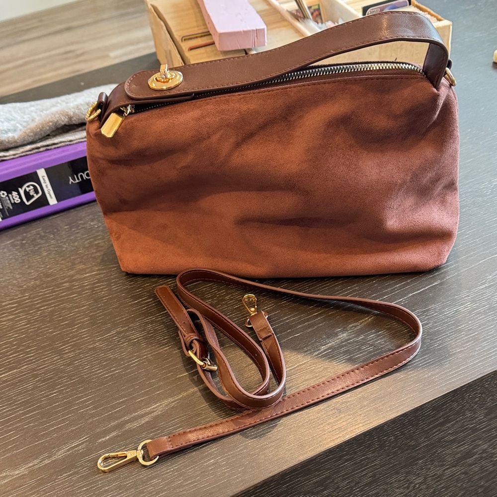Amazon Brown Faux Suede Shoulder Bag